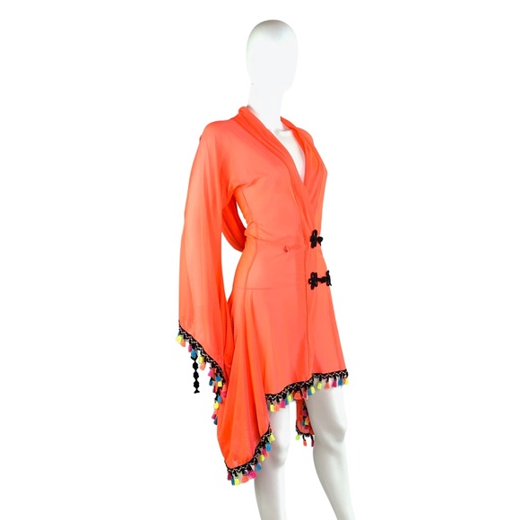 Wassa Wear Fluorescent Orange Mesh Swimsuit Cover Up Tunic Robe Festival Rave - Picture 6 of 14